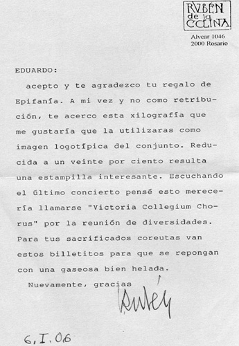 Carta del artista Rubén de la Colina a Eduardo Talledo